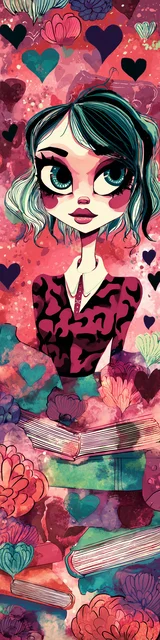 Free teacher bookmark featuring a lady teacher with books on a Hearst-style background